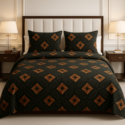 Bedzzy Premium Black & Gold Geometric Printed Double Bedsheet with 2 Pillow Covers | Luxury Soft Microfiber Bedding Set