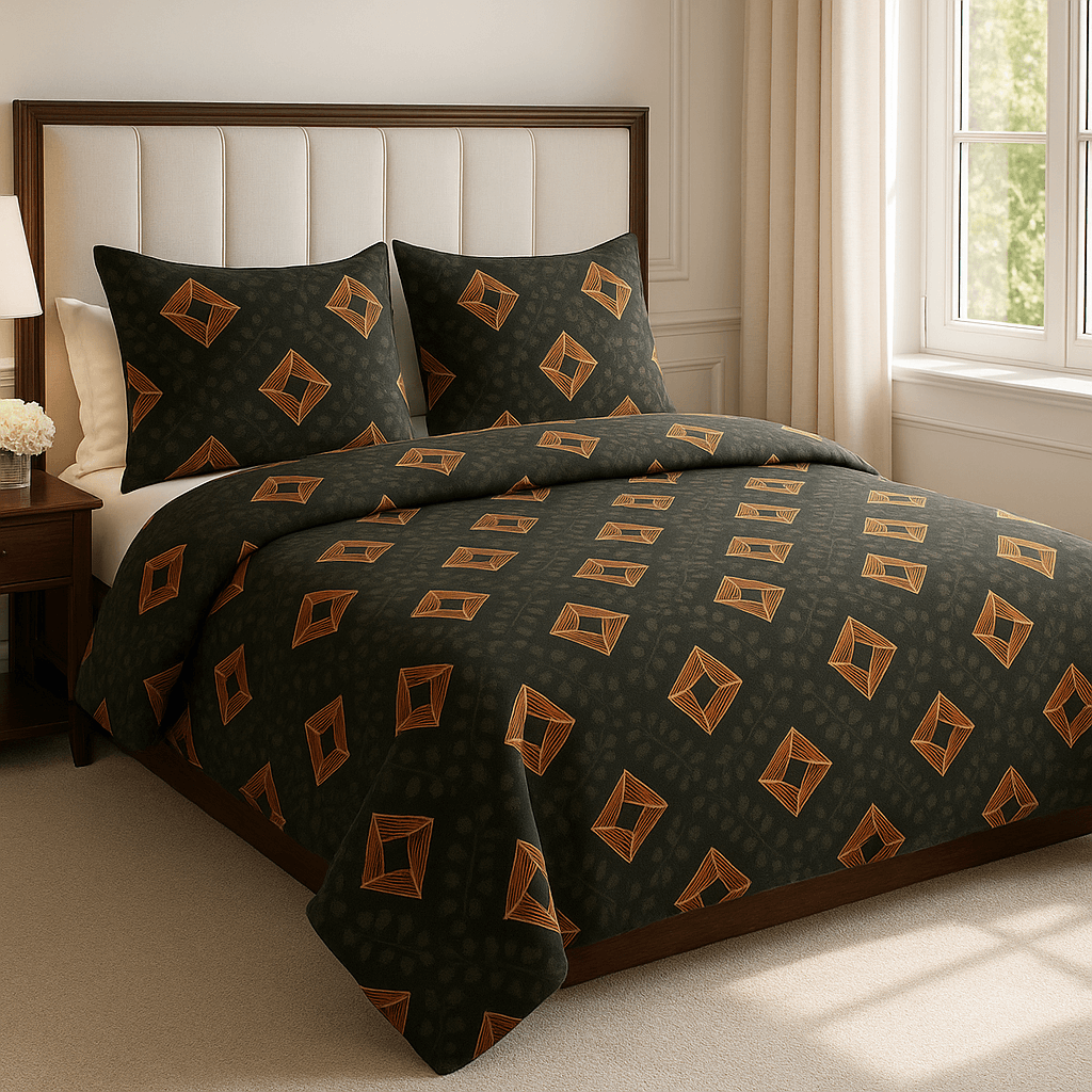 Bedzzy Premium Black & Gold Geometric Printed Double Bedsheet with 2 Pillow Covers | Luxury Soft Microfiber Bedding Set