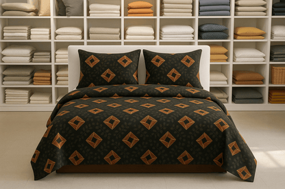 Bedzzy Premium Black & Gold Geometric Printed Double Bedsheet with 2 Pillow Covers | Luxury Soft Microfiber Bedding Set