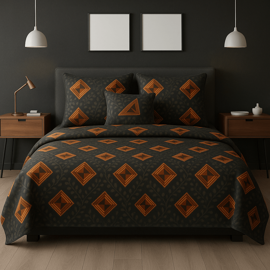 Bedzzy Premium Black & Gold Geometric Printed Double Bedsheet with 2 Pillow Covers | Luxury Soft Microfiber Bedding Set