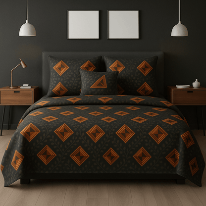 Bedzzy Premium Black & Gold Geometric Printed Double Bedsheet with 2 Pillow Covers | Luxury Soft Microfiber Bedding Set