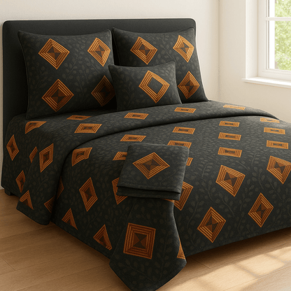 Bedzzy Premium Black & Gold Geometric Printed Double Bedsheet with 2 Pillow Covers | Luxury Soft Microfiber Bedding Set