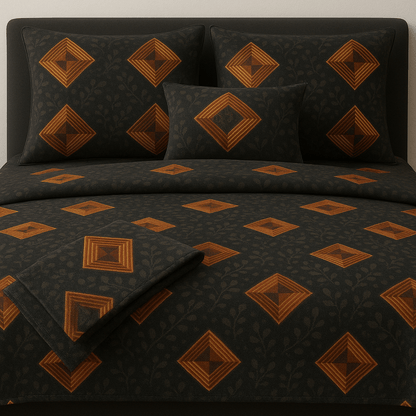Bedzzy Premium Black & Gold Geometric Printed Double Bedsheet with 2 Pillow Covers | Luxury Soft Microfiber Bedding Set