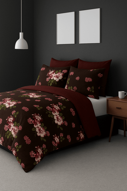 Bedzzy Premium Brown Floral Printed Double Bedsheet with 2 Pillow Covers | Soft Luxury Microfiber Bedding Set