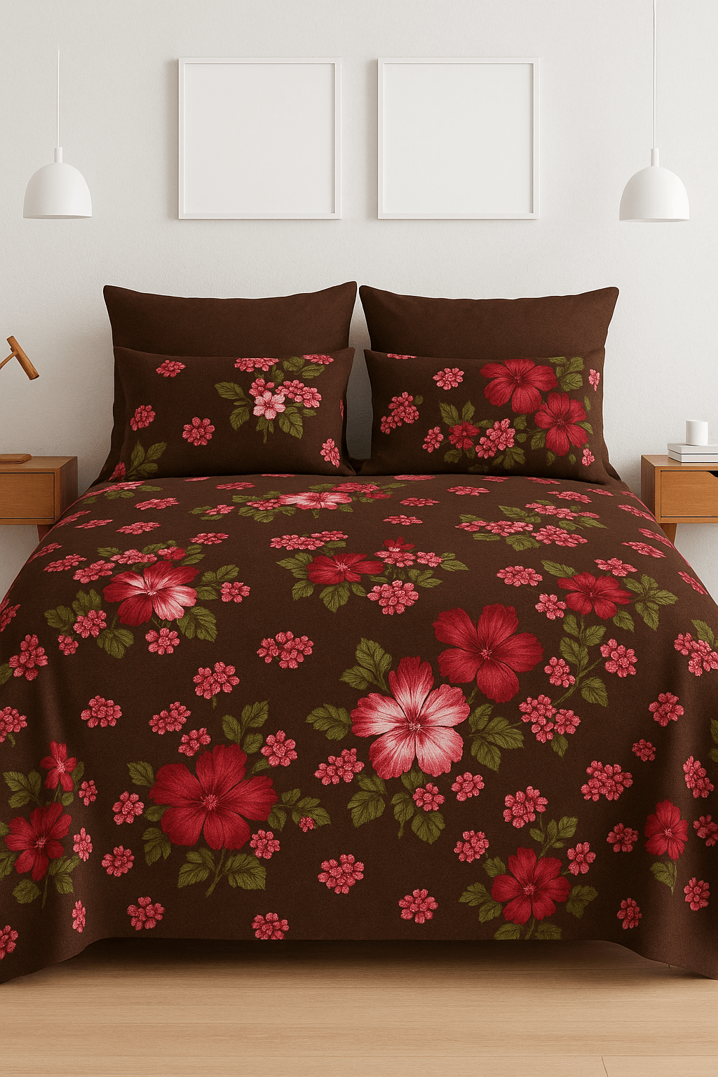 Bedzzy Premium Brown Floral Printed Double Bedsheet with 2 Pillow Covers | Soft Luxury Microfiber Bedding Set
