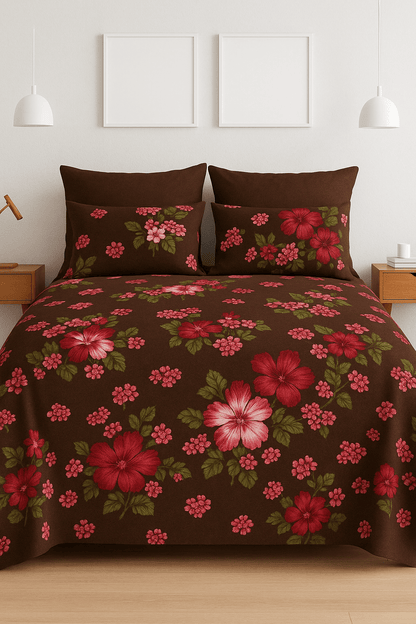 Bedzzy Premium Brown Floral Printed Double Bedsheet with 2 Pillow Covers | Soft Luxury Microfiber Bedding Set