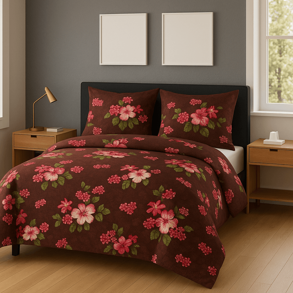 Bedzzy Premium Brown Floral Printed Double Bedsheet with 2 Pillow Covers | Soft Luxury Microfiber Bedding Set