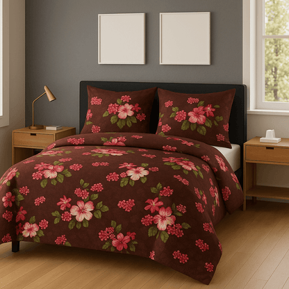 Bedzzy Premium Brown Floral Printed Double Bedsheet with 2 Pillow Covers | Soft Luxury Microfiber Bedding Set