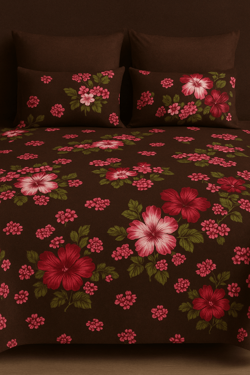 Bedzzy Premium Brown Floral Printed Double Bedsheet with 2 Pillow Covers | Soft Luxury Microfiber Bedding Set