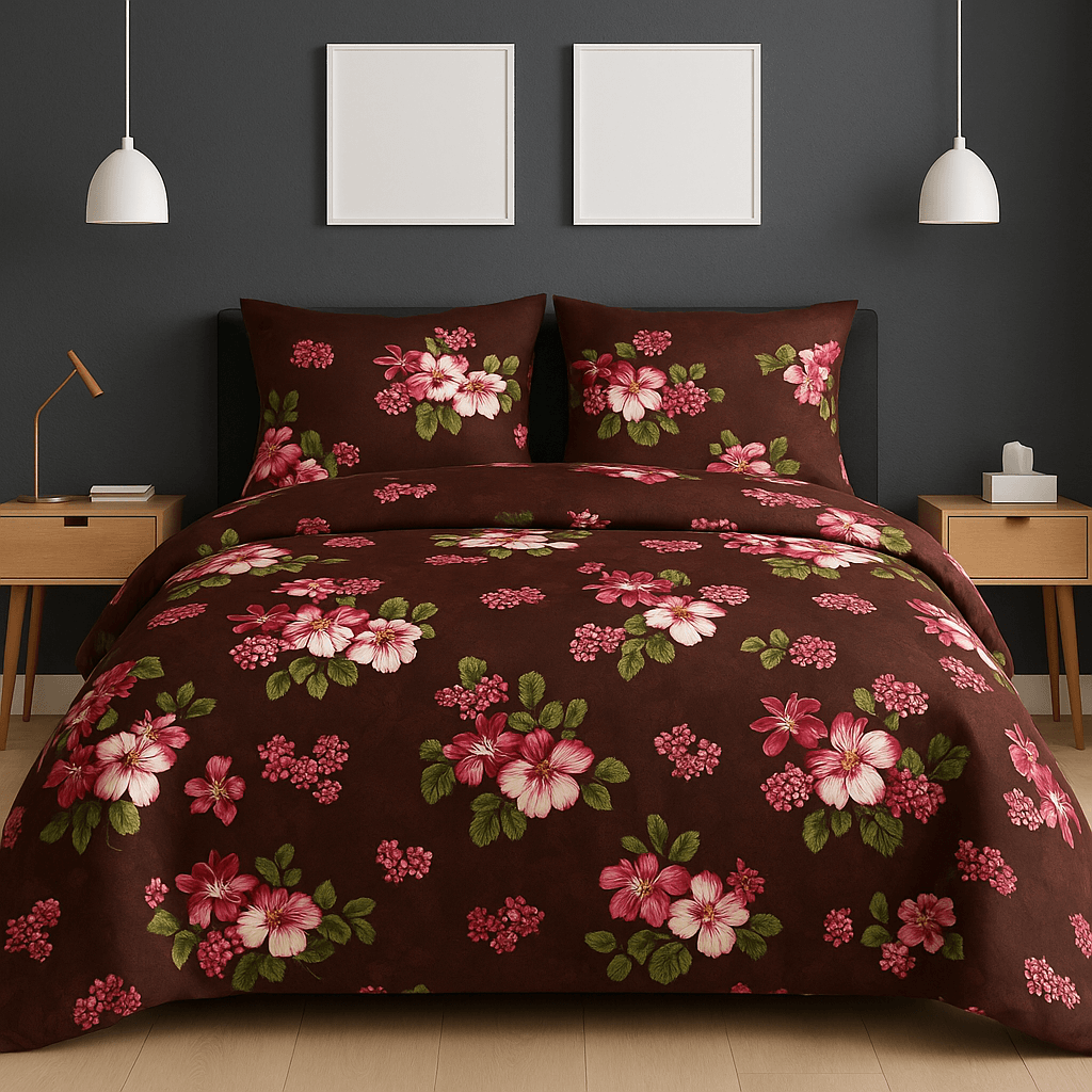 Bedzzy Premium Brown Floral Printed Double Bedsheet with 2 Pillow Covers | Soft Luxury Microfiber Bedding Set