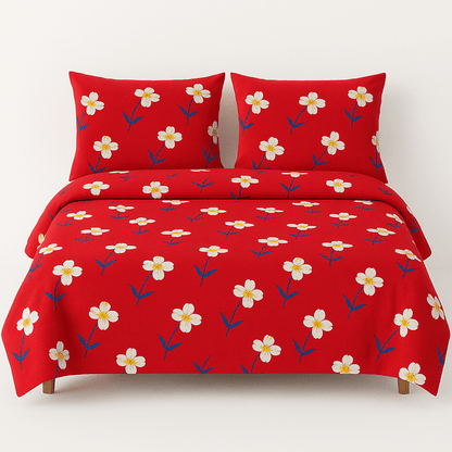 Bedzzy Premium Red Floral Printed Double Bedsheet with 2 Pillow Covers | Soft Microfiber Luxury Bedding Set