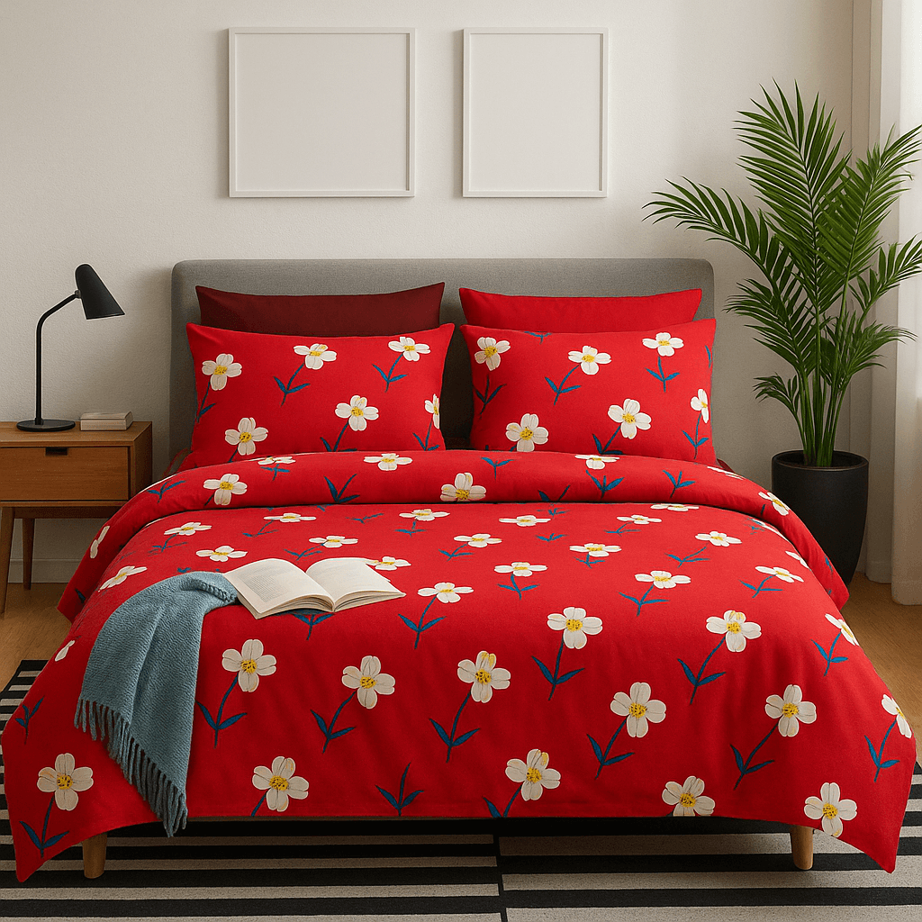 Bedzzy Premium Red Floral Printed Double Bedsheet with 2 Pillow Covers | Soft Microfiber Luxury Bedding Set