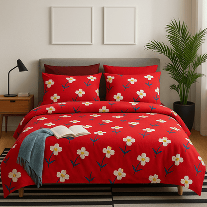 Bedzzy Premium Red Floral Printed Double Bedsheet with 2 Pillow Covers | Soft Microfiber Luxury Bedding Set