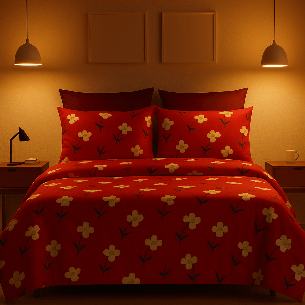 Bedzzy Premium Red Floral Printed Double Bedsheet with 2 Pillow Covers | Soft Microfiber Luxury Bedding Set