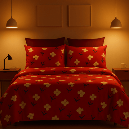 Bedzzy Premium Red Floral Printed Double Bedsheet with 2 Pillow Covers | Soft Microfiber Luxury Bedding Set