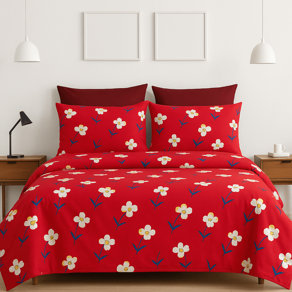 Bedzzy Premium Red Floral Printed Double Bedsheet with 2 Pillow Covers | Soft Microfiber Luxury Bedding Set