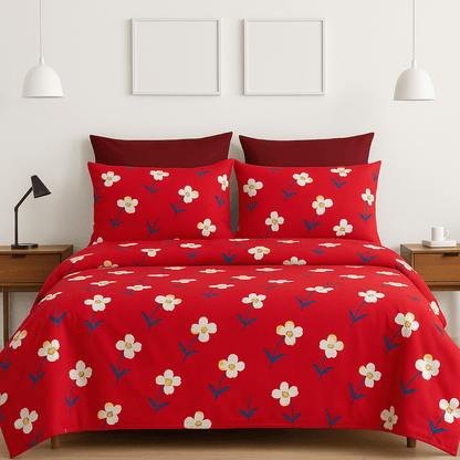 Bedzzy Premium Red Floral Printed Double Bedsheet with 2 Pillow Covers | Soft Microfiber Luxury Bedding Set