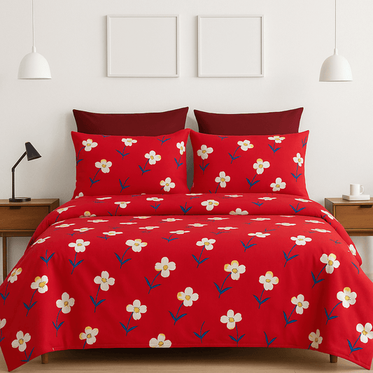 Bedzzy Premium Red Floral Printed Double Bedsheet with 2 Pillow Covers | Soft Microfiber Luxury Bedding Set