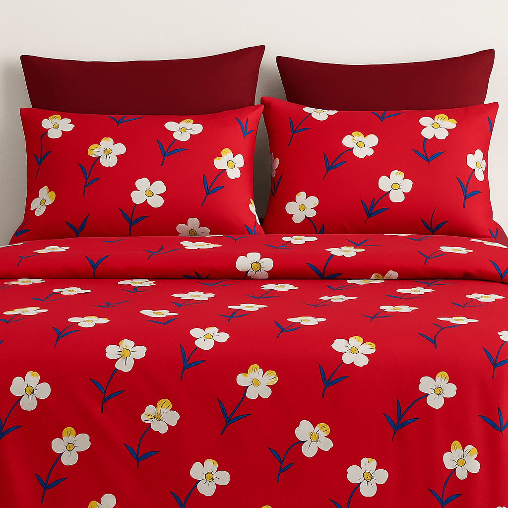 Bedzzy Premium Red Floral Printed Double Bedsheet with 2 Pillow Covers | Soft Microfiber Luxury Bedding Set