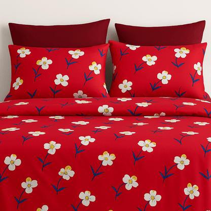 Bedzzy Premium Red Floral Printed Double Bedsheet with 2 Pillow Covers | Soft Microfiber Luxury Bedding Set
